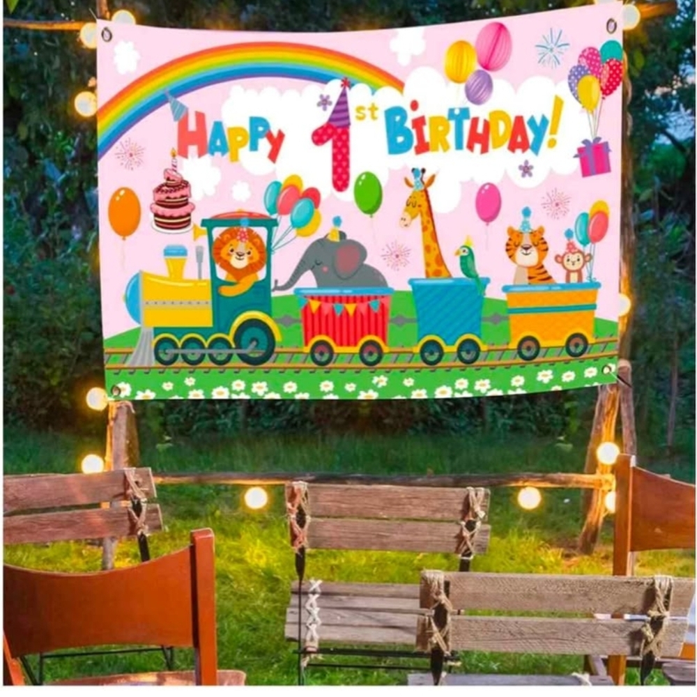 Brand New Colorful Animal Train 1st Birthday Backdrop